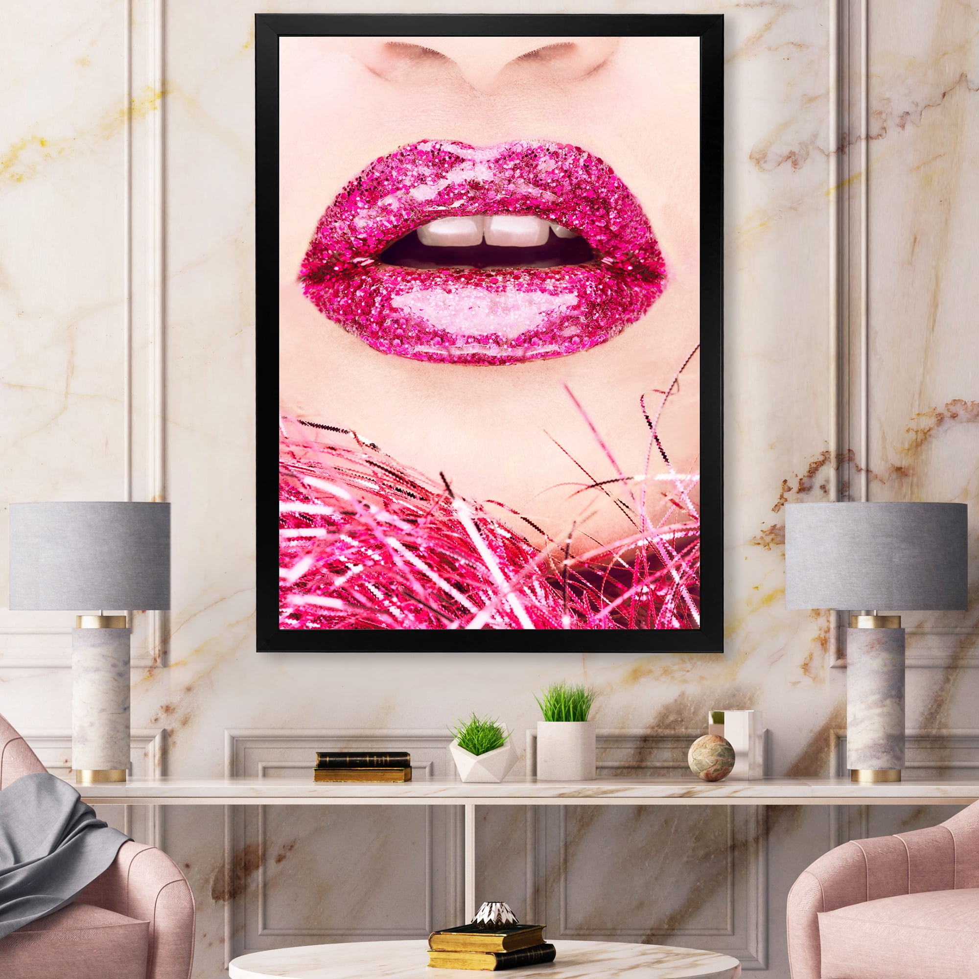 Designart 'Close-Up Of Golden Female Lips II' Modern Framed Art Print