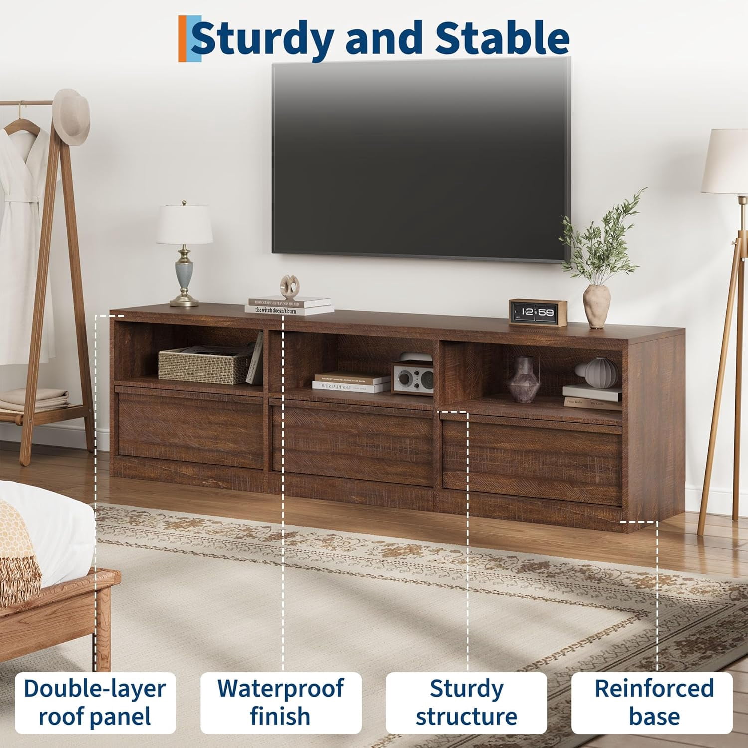 Garvee 70" TV Stand for TVs up to 85", Mid Century Modern Entertainment Center with Drawer, Open Shelves & Cable Management, Vintage Brown