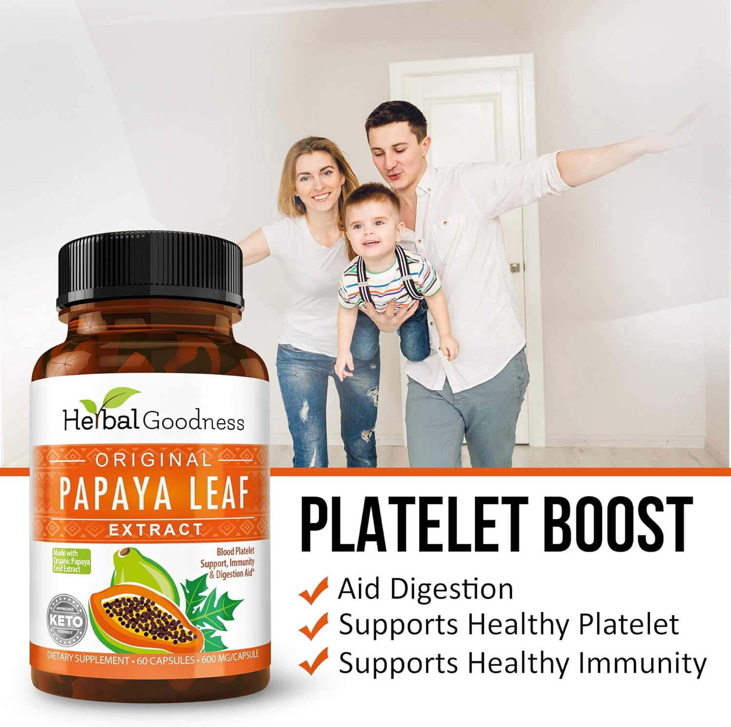 Herbal Goodness Papaya Leaf Extract Capsule, Pills, Digestive Enzymes, Immunity, Gut Health Supplement, Blood Platelet - 60/600mg