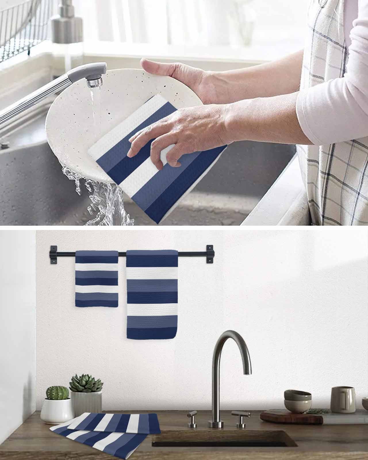 Navy Blue White Striped Hand Towels Set, Waffle Weave Kitchen Towels 4 Pieces, Farmhouse Stripes Microfiber Hair Face Bath Tea Towel Absorbent Quick Drying Cleaning Dish Cloths, 15.7"x23.6"