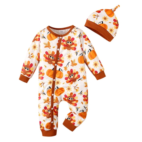 Vividxx Girls Clothing Sets My First Thanksgiving Outfit Boys Girls Clothes Toddler Long Sleeve Turkey Jumpsuit Bodysuit 2Pc Set 12-18 Months