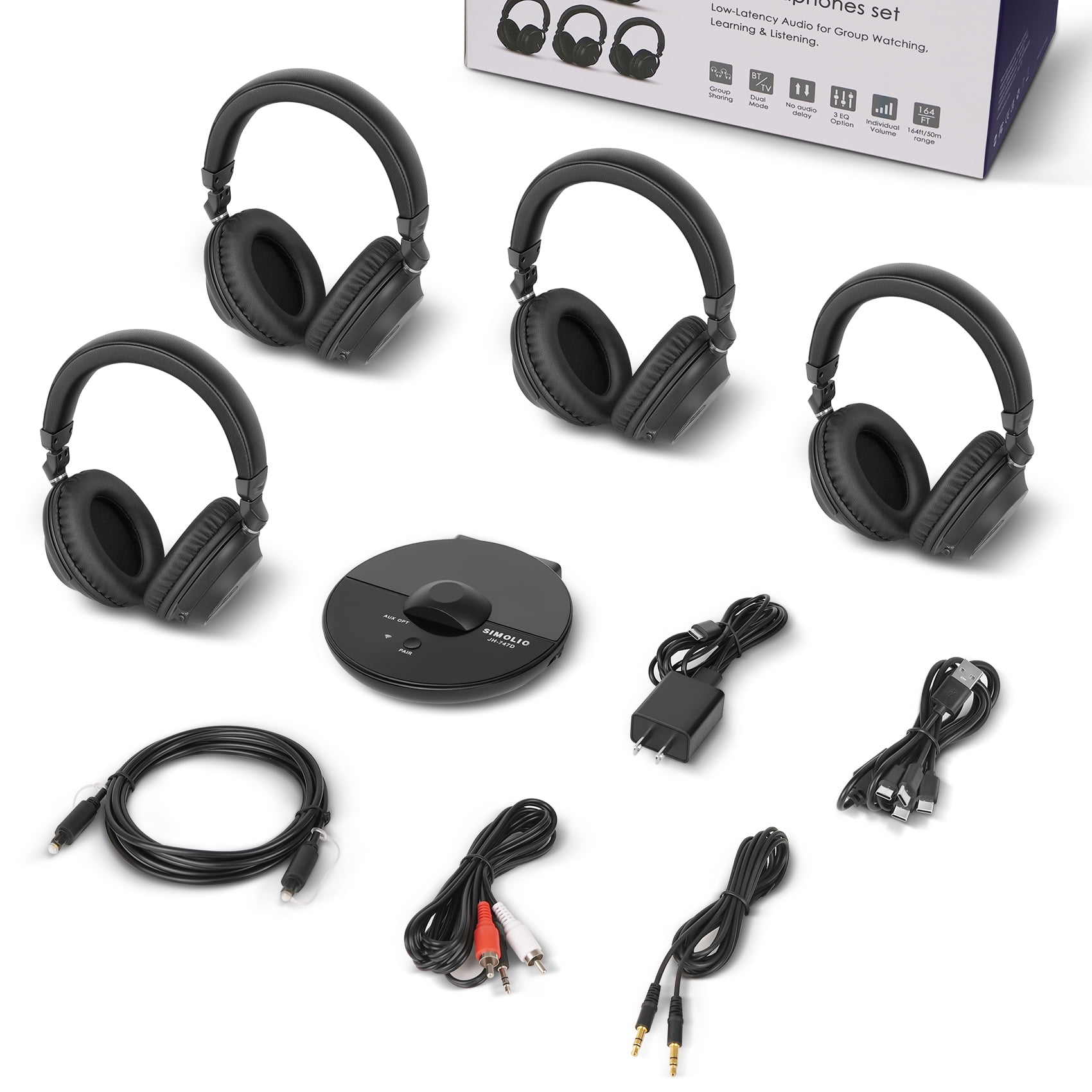 SIMOLIO Bluetooth Wireless TV Headphones with Clear & Loud Sound - Wireless Group Listening Headphones & Transmitter for Parties, Silent Discos, Church, Low latency TV - Multiple Rechargeable Headset