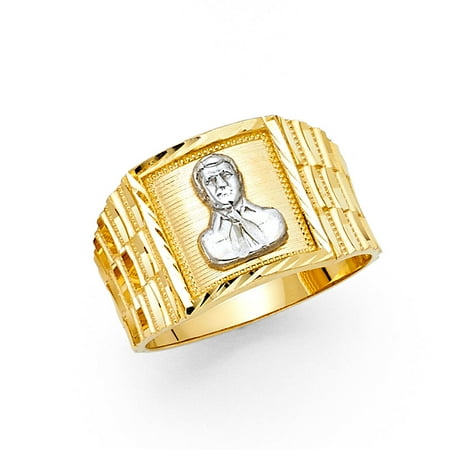 14k White Goldmans Ring - Square Malverde Sinaloa Ring Solid 14k Yellow White Gold Mens Band Diamond Cut Two Tone 14MM