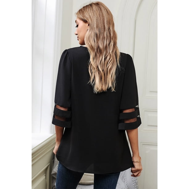 ABPHQTO Blusa negra con mangas de malla y escote en V de encaje en V para mujer