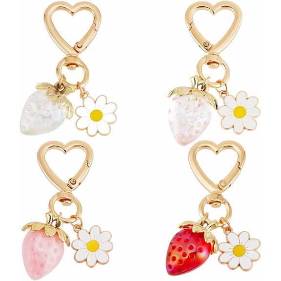 4Pcs 4 Styles Strawberry Keychain Acrylic Enamel Flower Daisy Key Chain Bag Charm with Heart Clasp for Women Purse Decor Accessories Valentine colorful
