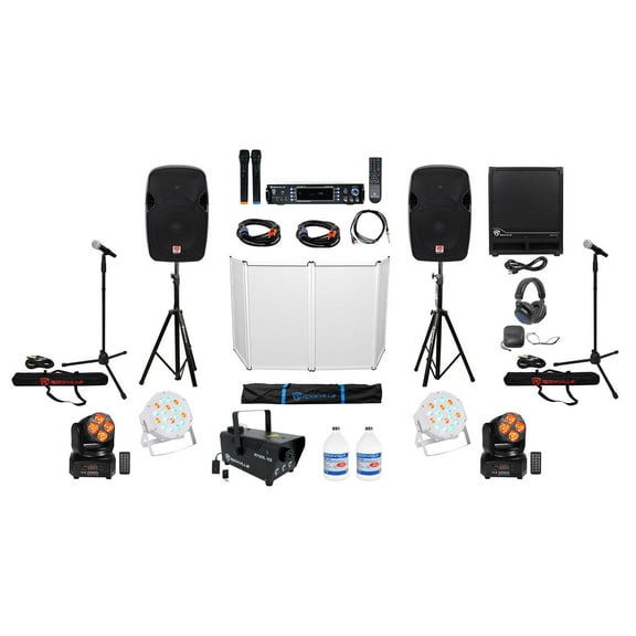 12" DJ Speakers Sub Amp Headphones Facade  4) Lights Fogger Mics Stands Cables
