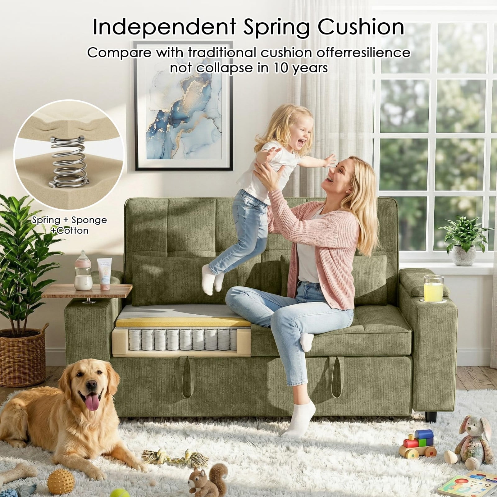 65" Sleeper Sofa Bed, 3 in 1 Convertible Pull Out Couch with Chenille Fabric, USB Ports, Storage Arms, Adjustable Backrest for Apartment Living Room, Green