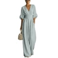 thumbnail image 2 of 2026 Linen Jumpsuits for Women Dressy Elbow Sleeve V Neck Wide-Leg Romper Business Casual Outfits, 2 of 3