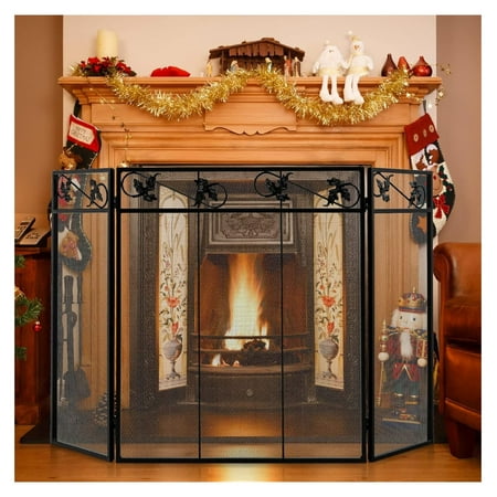 

YfulYde Fireplace Screen Foldable 3-Panel Decorative Fireplace Screens for Wood Burning Fireplace Modern Flat Metal Mesh Fire Guard for Indoor & Outdoor Black