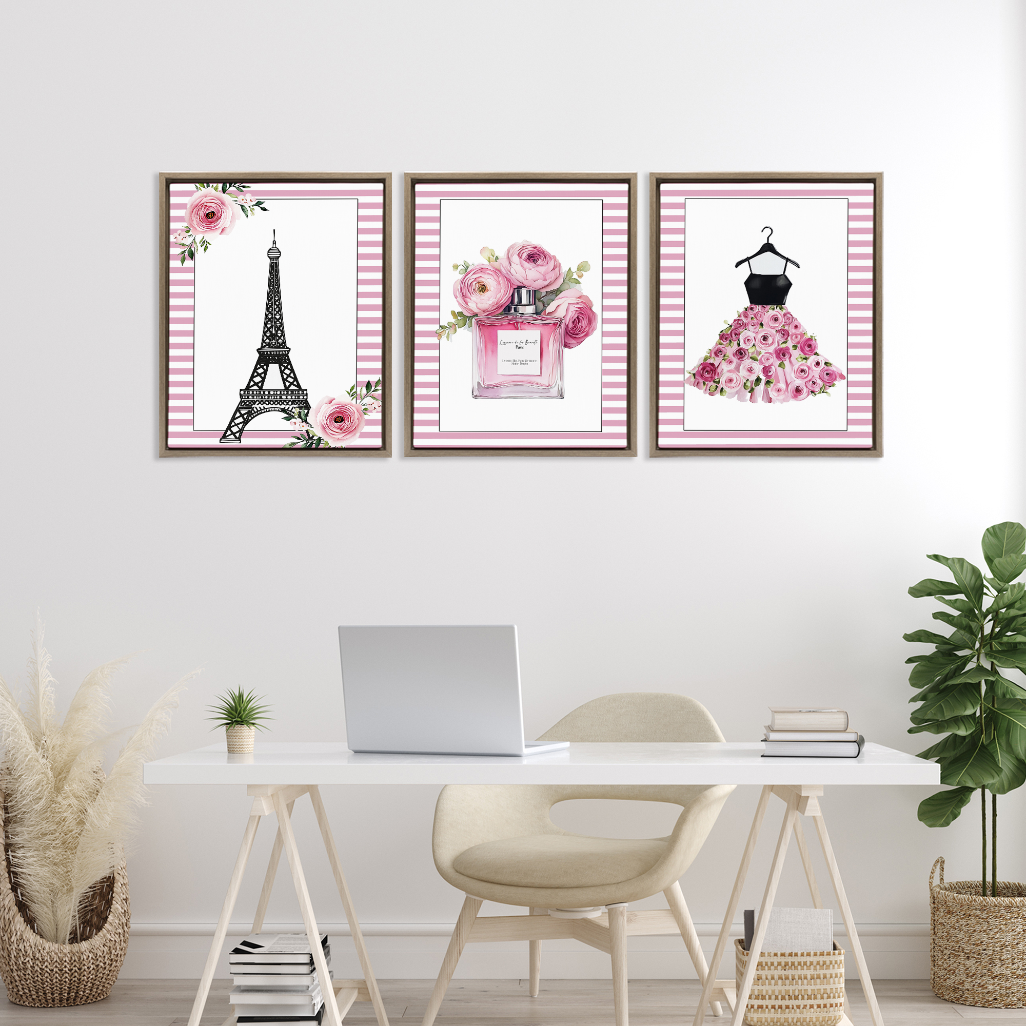 Parisian Glam with Stripes 3 Piece Brown Framed Floater Canvas Set, design by Christine Simpson Art