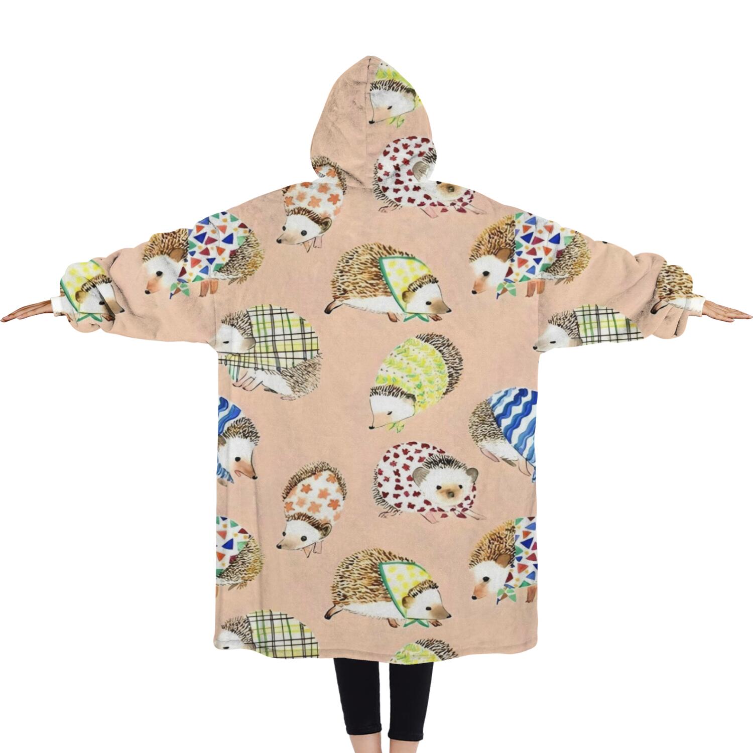 Oversized Wearable Blanket Hoodie,Cute Hedgehog Pattern Sherpa Blanket Hoodie with Super Pockets,Super Warm Fuzzy Pullover for Women & Men