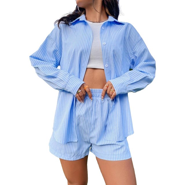 Camisa Pantalones Cortos Conjunto de 2 piezas para mujer Conjunto de diario de rayas verticales de algodón de corte holgado (Azul XS) Cgtredaw Para estrenar