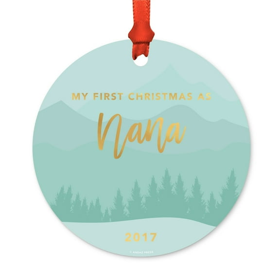 Metal Christmas Ornament, My First Christmas As Nana 2017, Winter Wonderland Forest, Includes Ribbon and Gift Bag