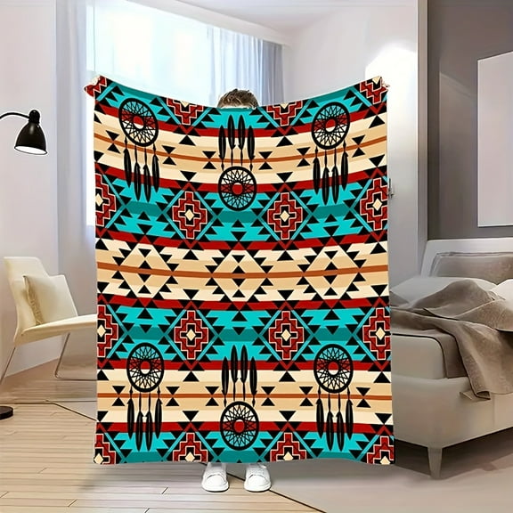 1pc of Cozy Geometric Pattern with Indian Dream Catcher Style Unique Personality And Warm Exotic Theme Pattern Flannel Blanket, Soft And Warm, Perfect Gift for Holiday Memories