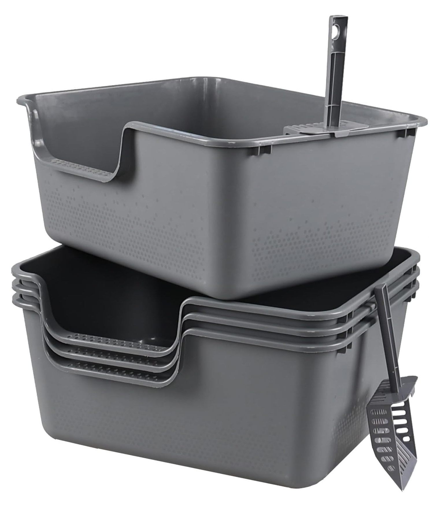 4-Pack Plastic High Side Cat Litter Box, Large Open Litter Box, Gray, 19.69 x 15.24 x 8.46 Inches