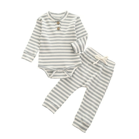 

Carolilly Toddler Baby Girl Boy 2PCS Outfit Crew Neck Button Long Sleeve Romper and Drawstring Pants Color Matching Stripe Clothes Sets