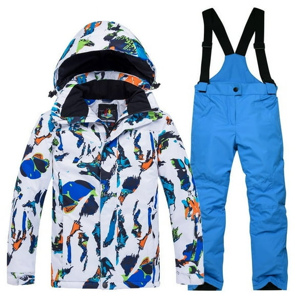 Xfvqtps Ski Jacket and Pant Set Warm Snowboarding Snowsuit Adjustable Drawstring Hooded Coat Color Print Adjustable Overalls Waterproof Windproof Winter Ski Suits Blue