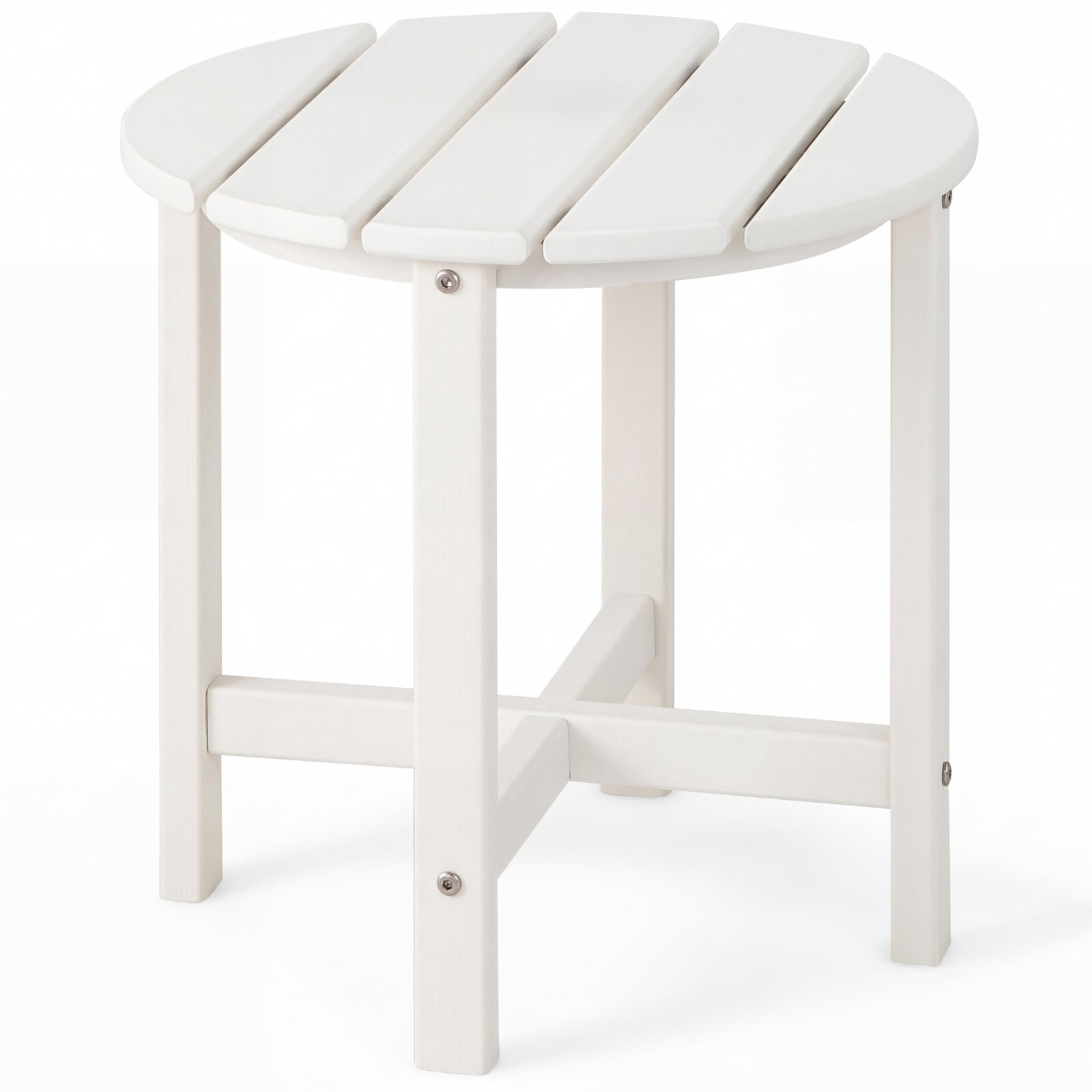 Furnibear 18 Inch Round Weather Resistant Adirondack Outdoor Side Table with Slatted Top for Patio Deck and Garden Seating, White