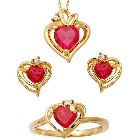 CZ and Created Ruby 14kt Gold Over Sterling Silver Heart Pendant, Earrings and Ring Set