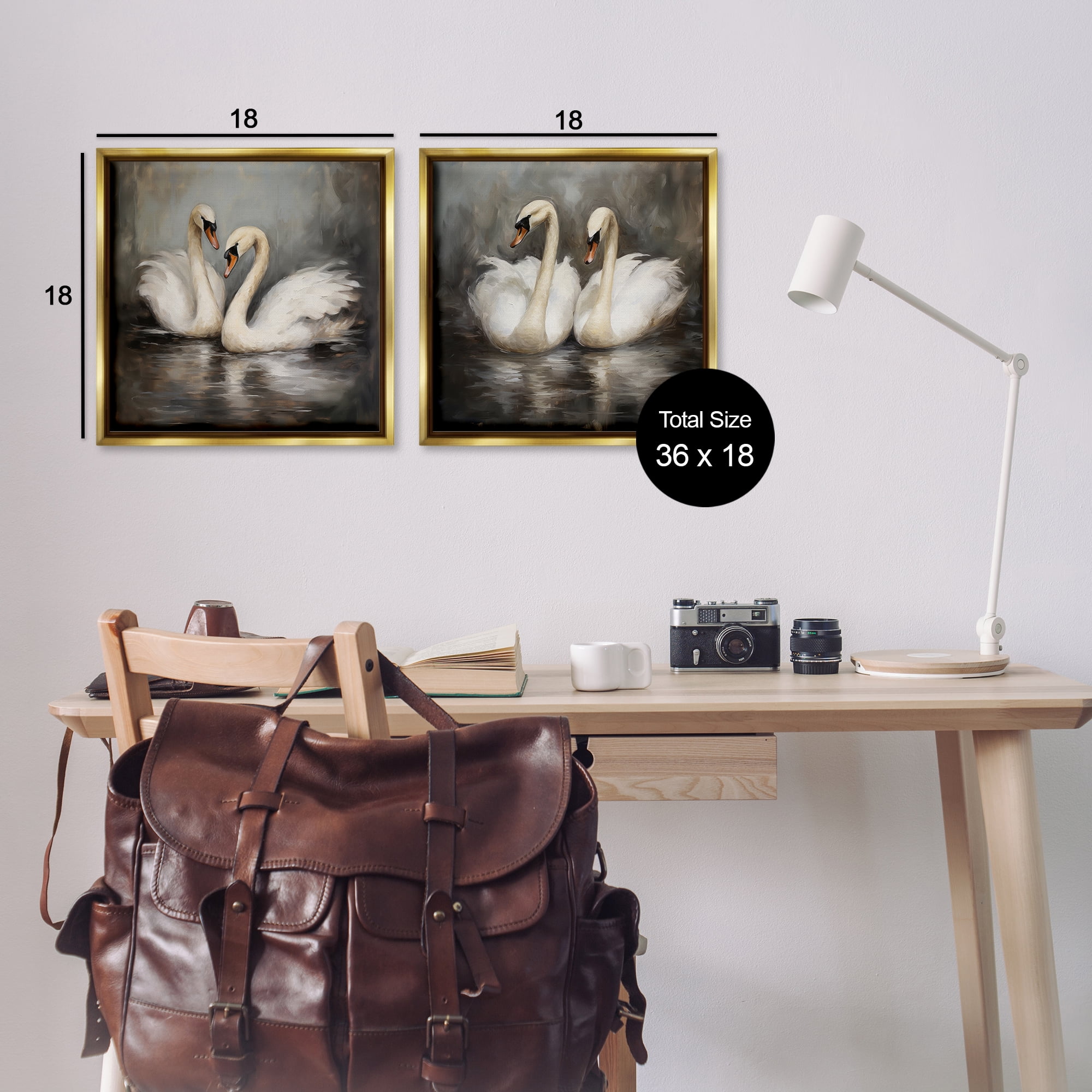 Stupell Industries Twin Swans with Reflections Animals Painting Gold Floater Framed Canvas Art Print Wall Art, 18 x 18, Set of 2