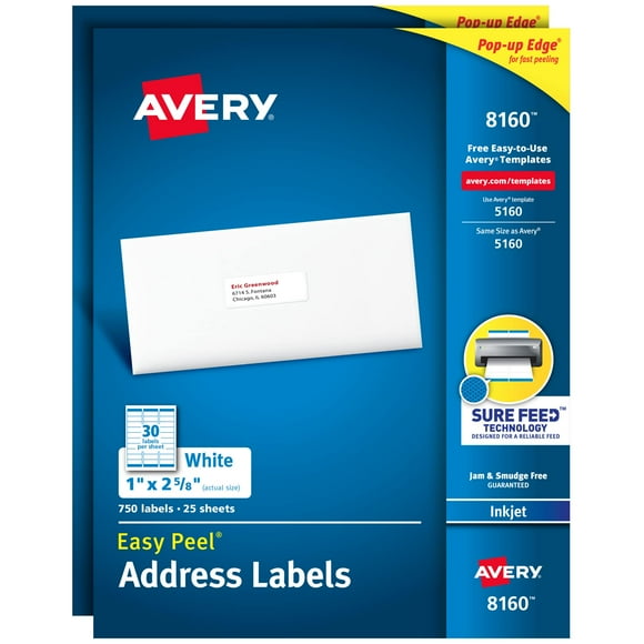 Etiquetas de dirección Avery Easy Peel Sure Feed, 1 x 2,6 pulgadas, 1500