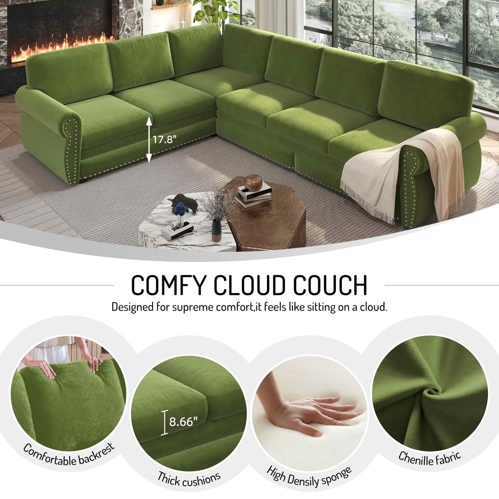 MAYEERTY 118" L‑Shaped Convertible Pull‑Out Sofa Bed, Chenille Sectional Couch with Nailhead Trim & Rolled Arms, Oversized Multifunctional Sleeper Sofa