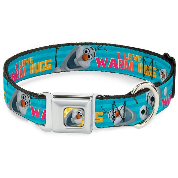 Disney Pet Collar, Dog Collar Metal Seatbelt Buckle, Olaf Pose I Love Warm Hugs Stripe Blues, 9.5 to 13 Inches 1.0 Inch Wide