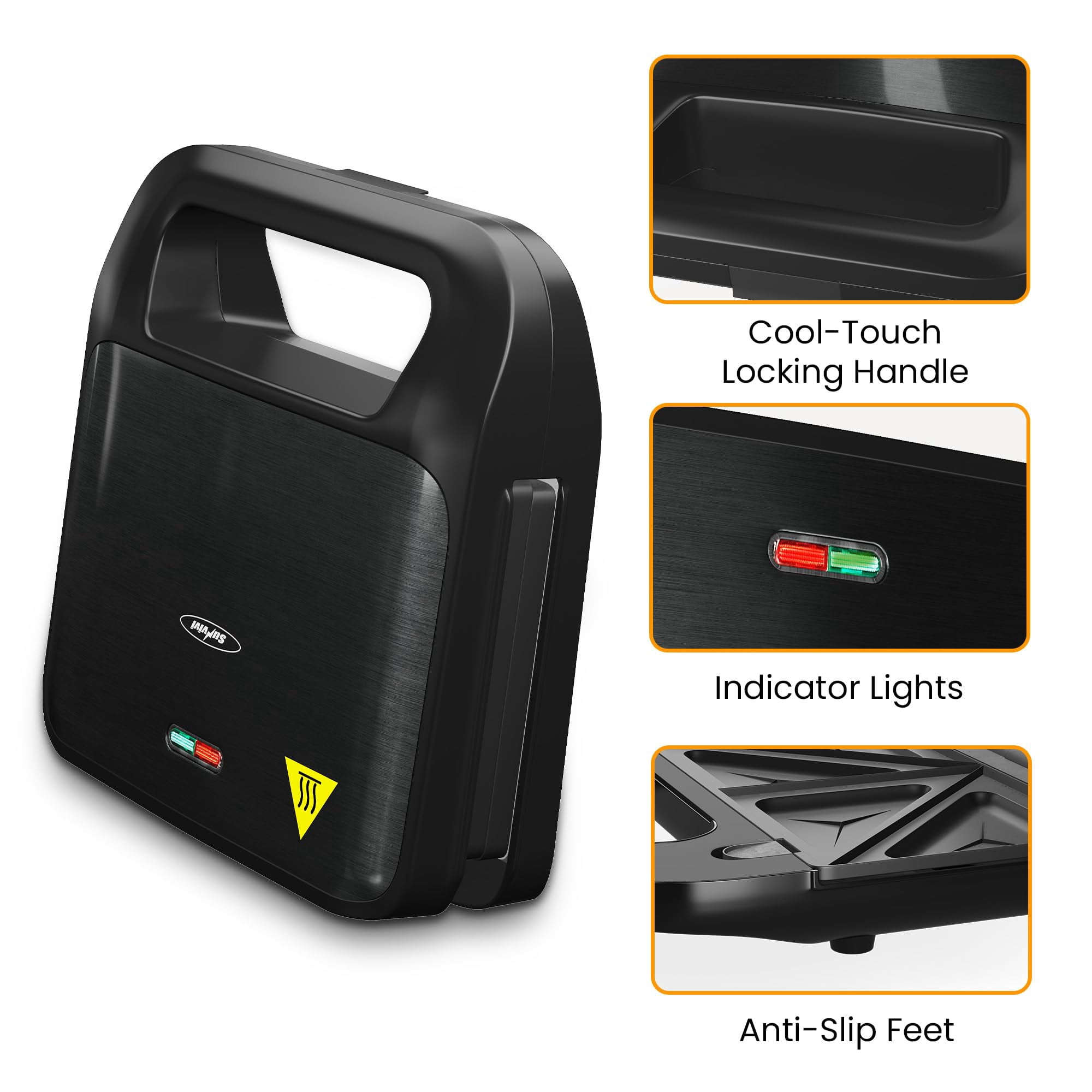 Sunvivi 3 in 1 Electric Sandwich Maker with Removable Non-Stick Plates, Indicator Lights & Cool Touch Handle, 750W, Black