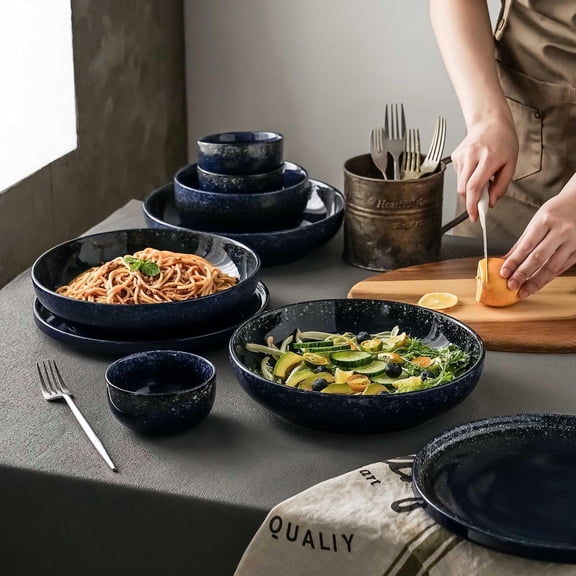 Large Serving Bowls Set of 4, 65 ounce Large Salad Bowls, 10'' Ceramic Wide Shallow Bowl Plates, Pasta Serving Dishes for Party, Entertaining, Microwave Safe(Navy Blue)$$Home Decor, Kitchen, & Other