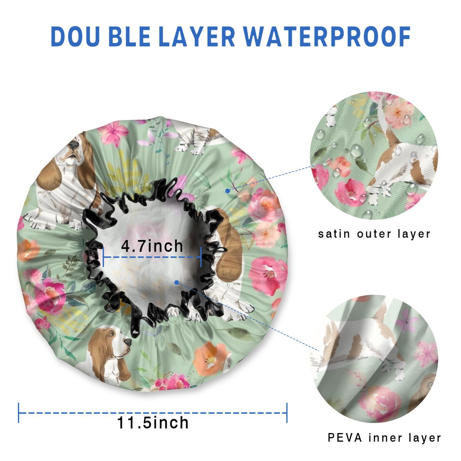 Shower Caps,Basset Hound and Pioneer Flower Waterproof Shower Cap for Women 4 Pieces,Double Reusable Hair Cover for Shower PEVA Elastic Stretch Hem