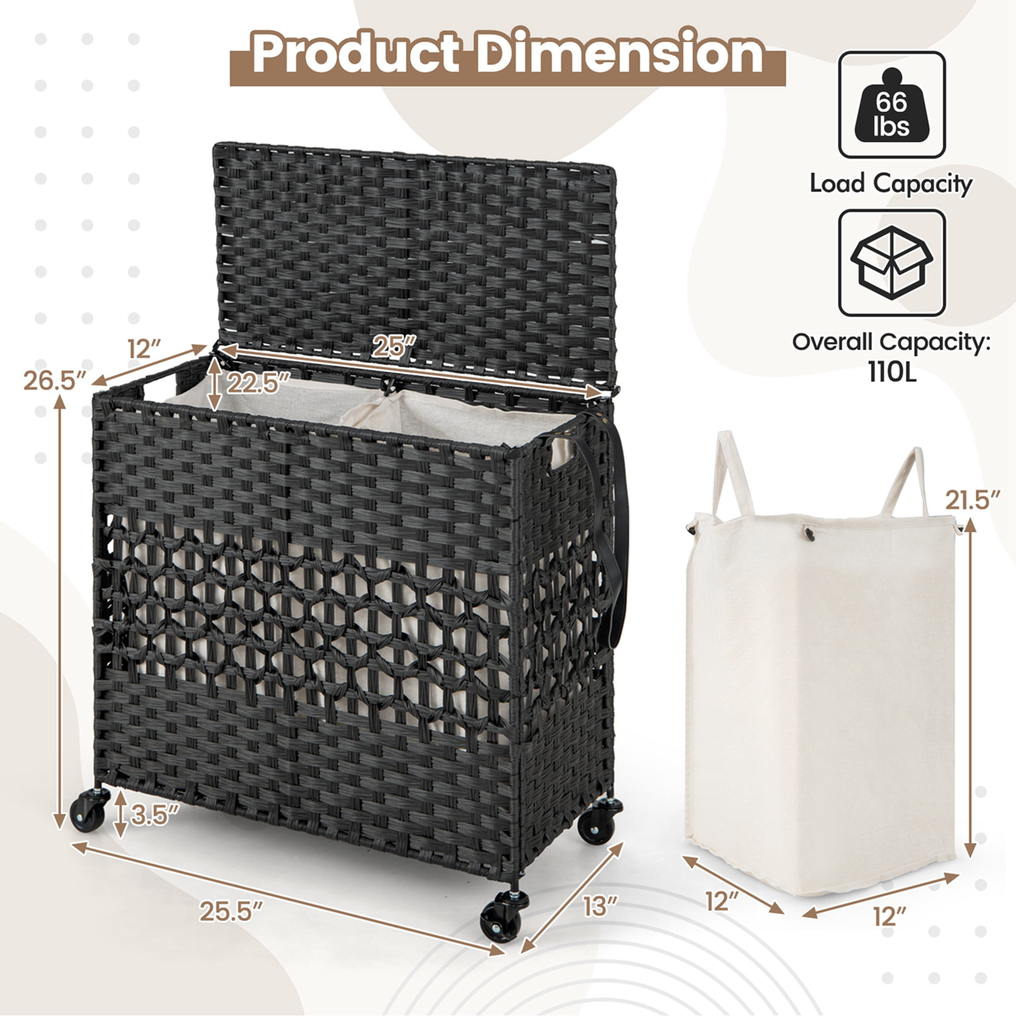 Costway 110L Laundry Hamper with Wheels Clothes Basket Lid & Handle & 2 Liner Bags Black
