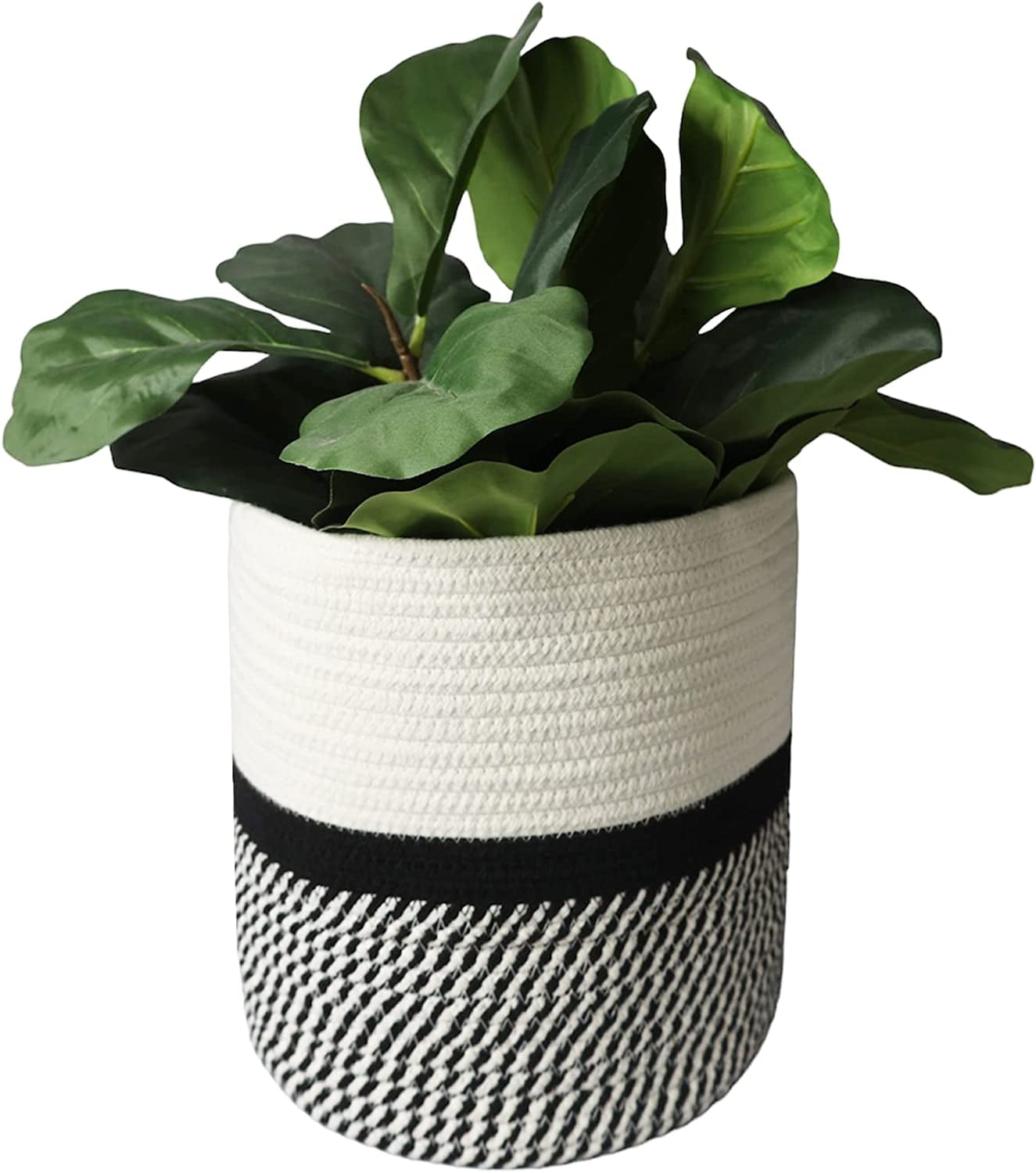 omh ORGANIZE MY HOME Decorative Baskets for Plants| 9- & 11-inch Pots for Indoor Plants | Floor Planter Pot Cover | Rope Plant Basket for Indoor (Small 9" Round, Ivory/Black)