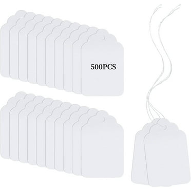 500Pcs Price Tags with String Attached Small White Marking Tag Paper Price Labels Clothing Hanging Stickers Blank Labeling Strung Label Hang Tags for Pricing Jewelry Yard Sale Retail