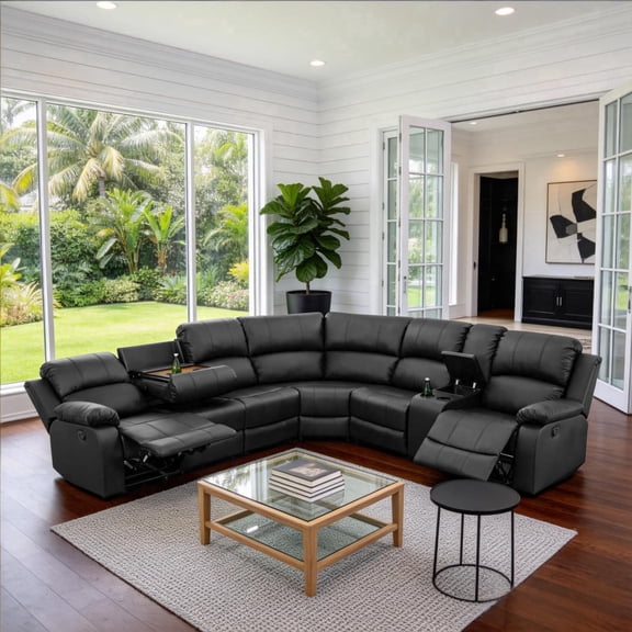 Saxum Tegmen Manual Reclining Sectional Sofa Set, Leather Recliner Couches with Storage & Convertible Table, Living Room Furniture Sets with Multiple Combination for Home (Sectional, Black)