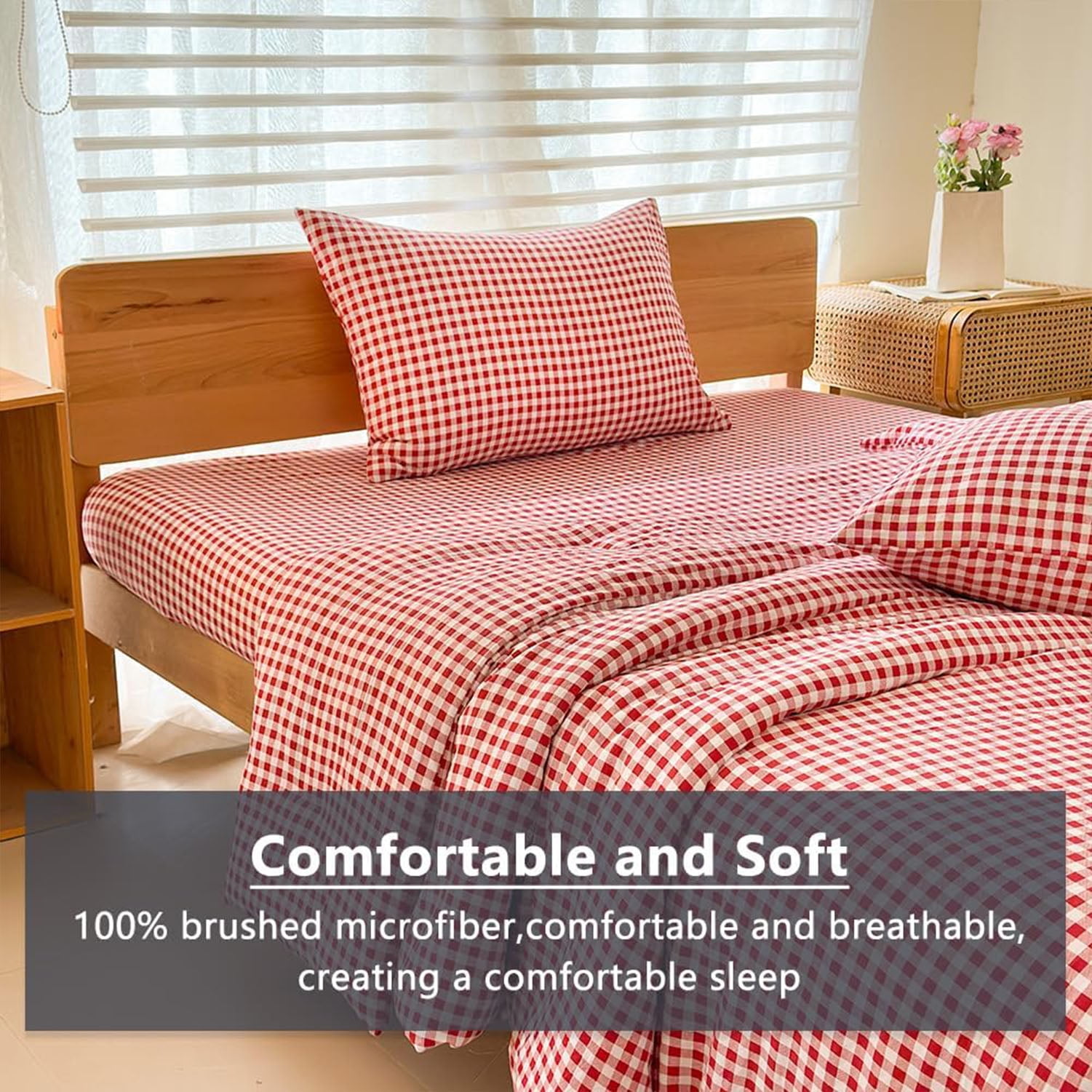 Red Gingham King Comforter Set, Red Plaid Bedding Set, Checked Bed Comforter 3 Pieces(Red Gingham, King)