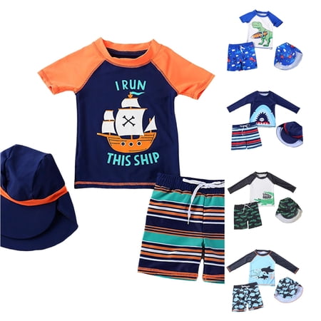 JCCXIN Child Toddler Boys Swimsuit Cartoon Graphic Rash Guard And Trunks With Hat 3 PC Set Long Sleeve Crew Neck Batching Suit Summer Surfing Cute Pool Swim Sets Orange 6-7 Years