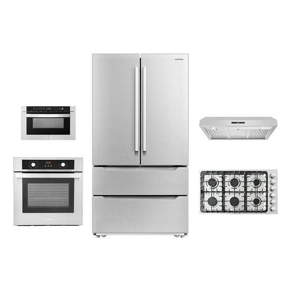5 Piece Kitchen Package With 30" Gas Cooktop 24" Single Electric Wall Oven 24" Built-In Microwave Drawer & French Door Refrigerator