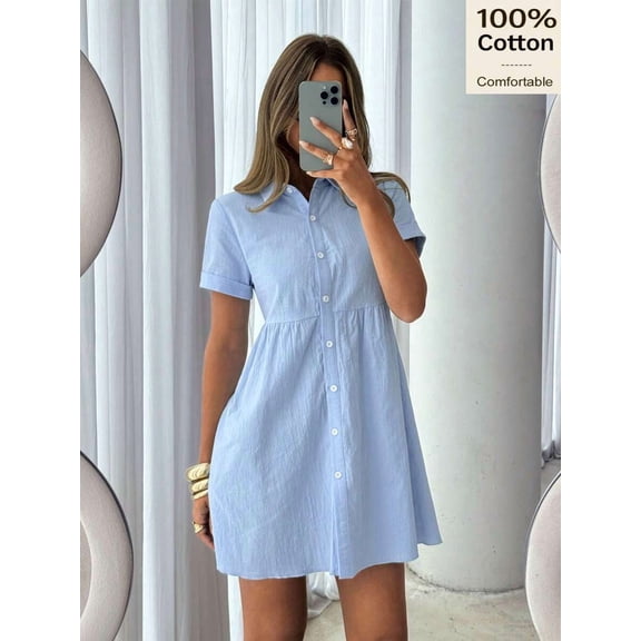 Women's Light Blue Cotton Button-Down Mini Dress with Pleated Waist, Casual Shirt Dress for Summer Vacation, Brunch, or Daily Wear