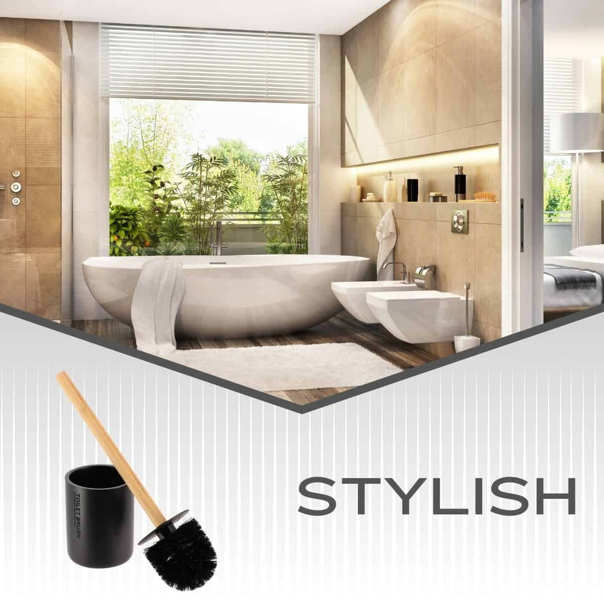 Sleek Matte Black Toilet Brush Holder with Bamboo Handle - Polyresin Bathroom Cleaning Tool Set