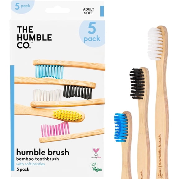 The Humble Co Bamboo Toothbrushes for Advanced Oral Care, Dental Hygiene, and Gum Care, BPA Free, Soft Bristles, Pack of 5