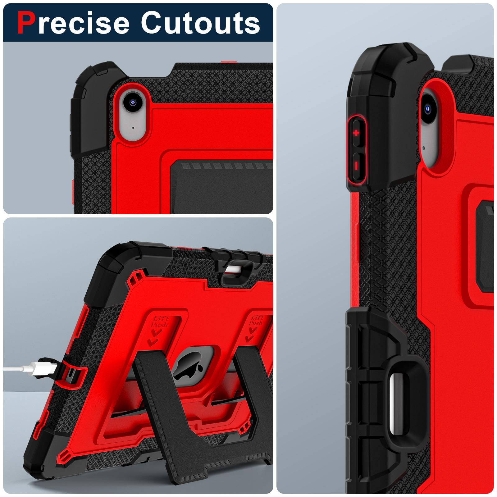 ELEHOLD 3-Layer Rugged Case For Apple iPad Air 11‑inch (M4) 2026, Heavy Duty Shockproof Logo Visible Foldable Kickstand Drop Protection Cover with Pencil Holder + Shoulder Strap, Black+Red