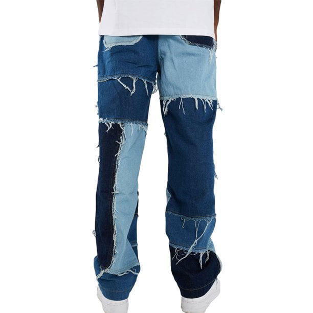 MERSARIP Men Jeans Frayed Patchwork Color Block Relaxed Fit Denim