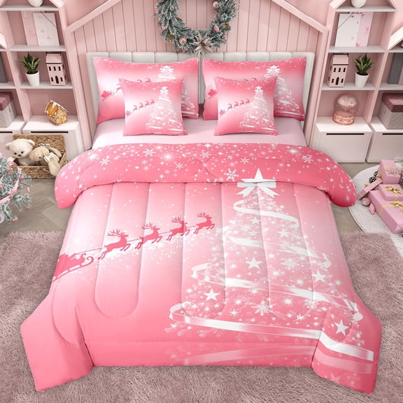 Feelyou Girly Pink Xmas Tree Twin Bedding Sets 7-Piece, Dreamy Christmas Stars Deer Bedding Comforter Set, Teens Kids Girls Women Reversible Sheet Sets, Super Cozy Room Decor