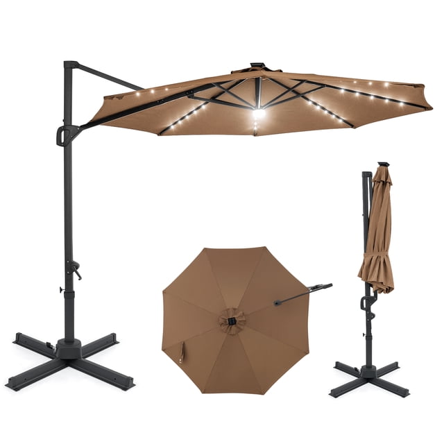 Costway 10 FT Cantilever Patio Umbrella with Solar LED Lights, 360° Rotation, Easy Tilt Tan