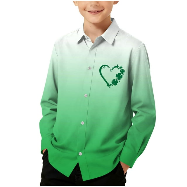 RXMEKW Chemise à Manches Longues Imprimée de la Saint-Patrick pour Garçons avec Col Rabattu, 95 % Coton 5 % Élasthanne, Vert