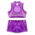 thumbnail image 6 of inhzoy Kids Big Girls 2PCs Gymnastic Dance Outfit Sets Shiny Metallic Crop Top with Shorts,Sizes 6-14 Purple 12, 6 of 7
