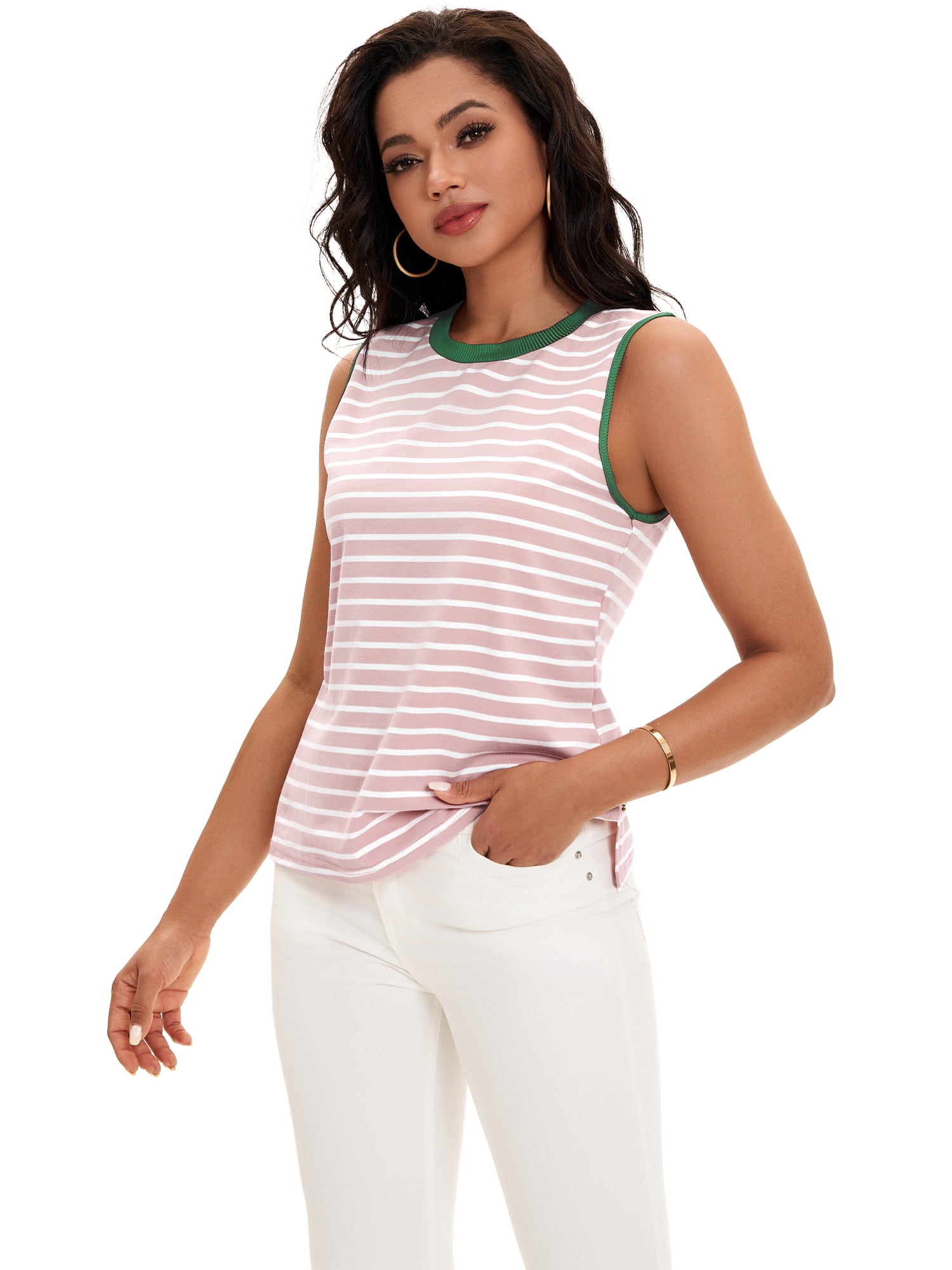 DARING DIVA Women's Striped Tank Top with Color Block M Pink Green