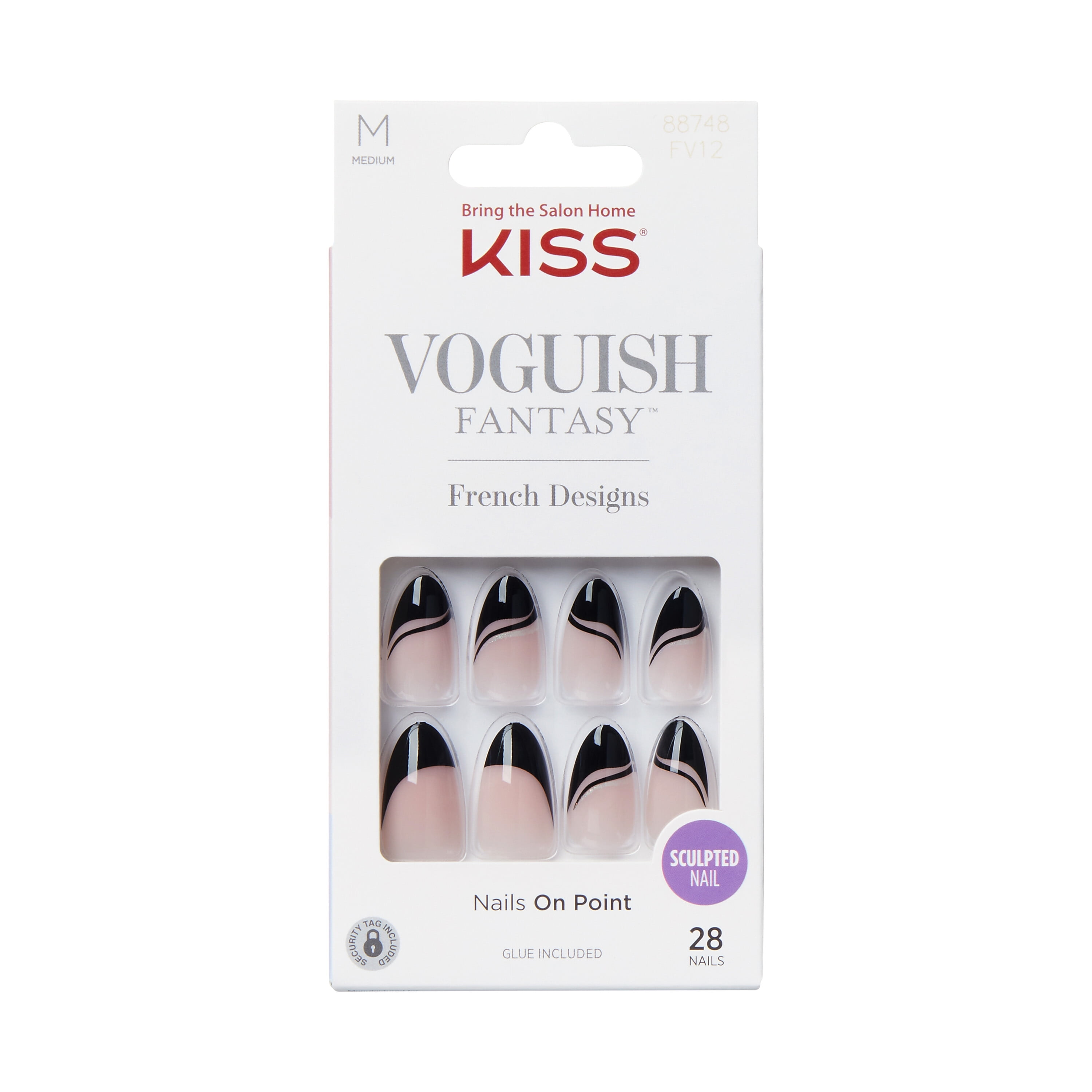KISS Voguish Fantasy Medium Almond Fake Nails, Glossy Dark Black ...