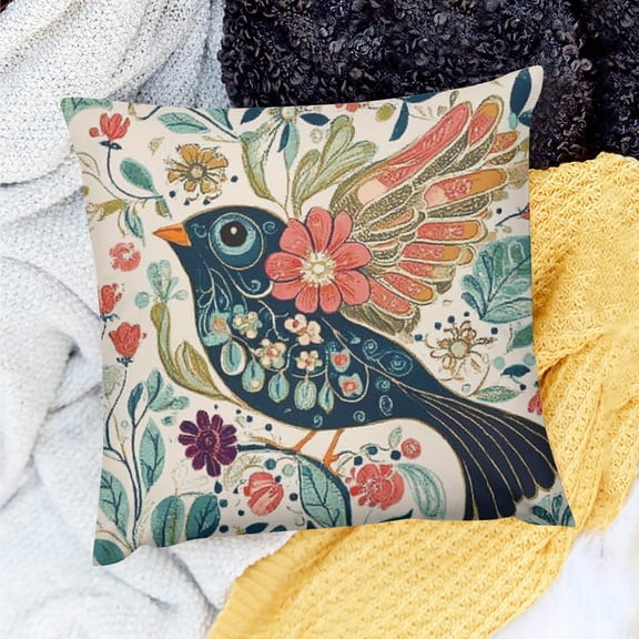 FCXZI Home Decor Throw Pillows Cover Bird Floral Design Art Nouveau for Home Sofa Couch Linen 100% - Set of 1 Pillow Covers 18x18in