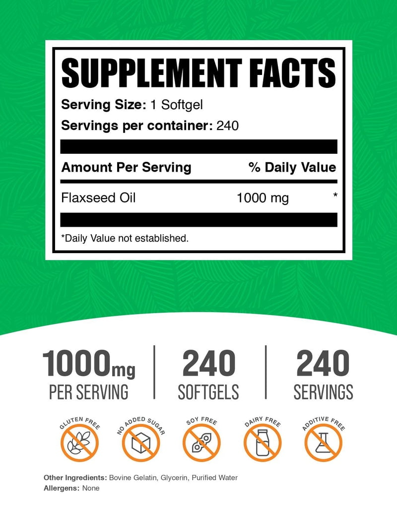 BulkSupplements Flaxseed Oil Softgels- 1000mg per Serving (240 Softgels - 240 Servings)